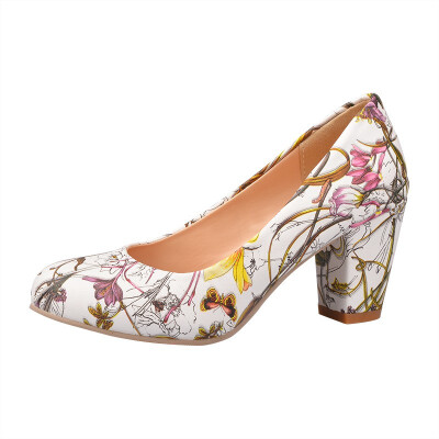 

IDIFU Womens Elegant Floral Print Round Toe Low Cut Wide Width Work Shoes Block Heel Pumps