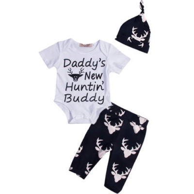 

3pcs Outfits Girls Boys Reindeer Romper Long Pants Hat Newborn Baby Clothes Set