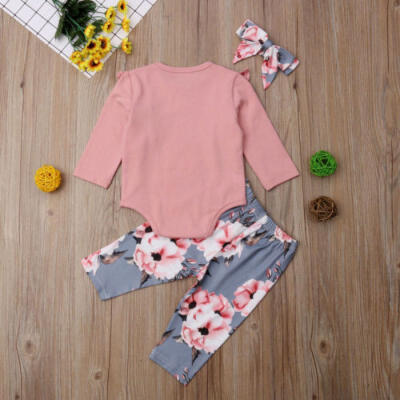 

Newborn Kids Baby Girls Flower Top Romper Long Pants Headband Outfits Clothes UK