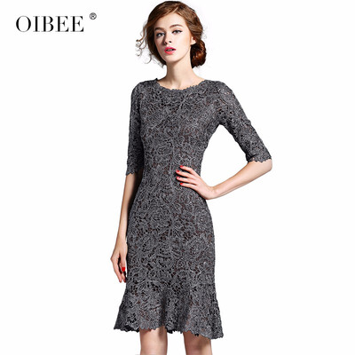 

2018 autumn new womens fashion temperament lace elegant slim slimming five-point sleeves long dress