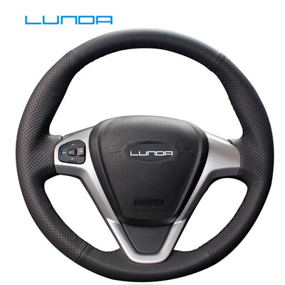 

LUNDA Black Leather Car Steering Wheel Cover for Ford Fiesta 2008-2013 Ecosport 2013-2016 hand-stitched steering wheel cover