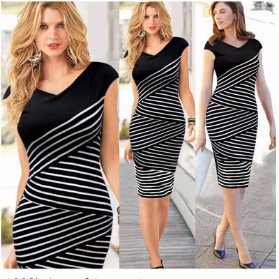 

Womens V Neck Striped Sleeveless Slim Dress Plus Size Casual Bodycon Dresses