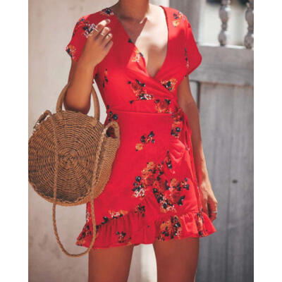 

Sexy Ladies Style V-Neck Short Sleeve Mini Dress Casual Party Club Short Dresses