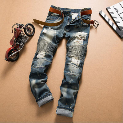 

Mens Ripped Skinny Slim Stretch Biker Zipper Pants Jeans Distressed Jeans