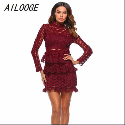 

Elegant hollow out ruffle lace dress Women vintage long sleeve slim short dress Sexy christmas party dress vestidos