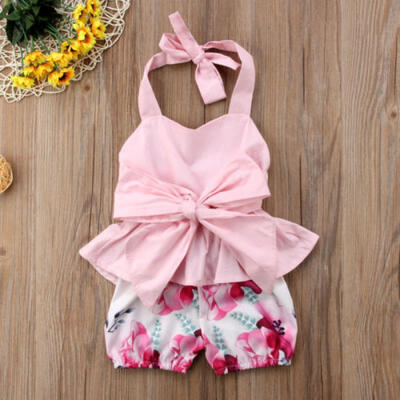 

Newborn Baby Girl Bow-knot Halter Backless Tops RomperFloral Shorts Clothes UK