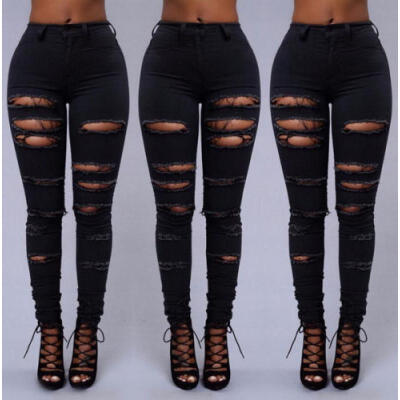 

Women Denim Skinny Ripped Pants High Waist Stretch Jeans Long Pencil Trousers AU