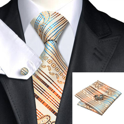

N-0298 Vogue Men Silk Tie Set Beige Paisley Necktie Handkerchief Cufflinks Set Ties For Men Formal Wedding Business wholesale