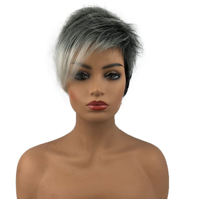 

StrongBeauty Short Straight Wig for Women Ombre Gray Black Wigs Side Bangs Layered Punk Nightclub Party Wigs