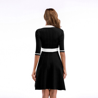 

Temperament Commuter Womens Colorblock Bow Collar Sleeve Large Sleeve Skirt Slim Knit Dress Female