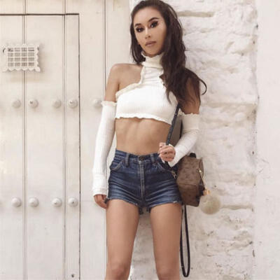 

Casual Women T-Shirt Black Long Sleeve High-necked Midriff-Baring Blouse Tops