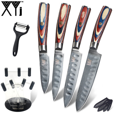 

XYj Cooking Knives Set Damascus Steel Sharp Blade Chef Paring Slicing Utility Knives Holder Peeler