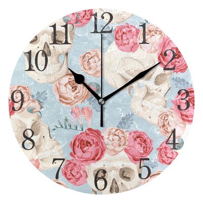 

Wall Clock Arabic Numerals Design Pattern With Skulls And Roses Round