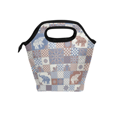 

Lunch Tote Bag Grid Elephant Travel Picnic Insulated Lunch Handbags Portable Zipper Lunch Bag Box