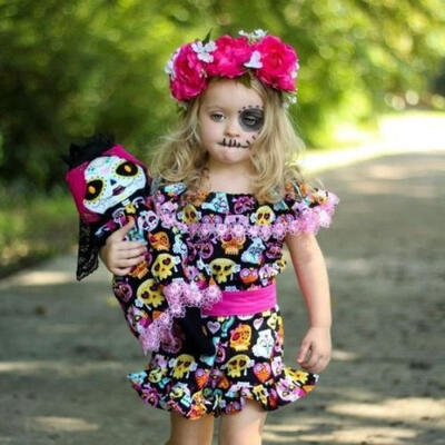 

Toddler Kid Baby Girl Halloween Skull Printed Dress Outfits Party Mini Dresses
