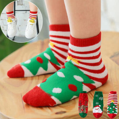 

3 Pairs Girls Kids Toddlers White Green Xmas Chrismas Gift School Socks Warm