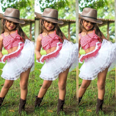 

US Lace Kid Baby Girl Plaid Cotton Crop Top Skirt Dress Sundress Outfits Clothes