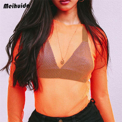 

Lady Women Transparent Net Shirt Mesh Fishnet Long Sleeve Blouse See Through Top