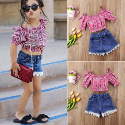 

Summer Toddler Baby Girl Clothes Off Shoulder TopsDenim Short Lace Pants1-6T