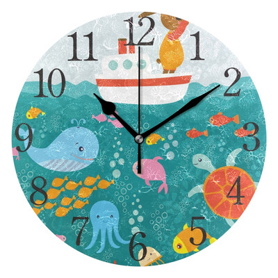 

Wall Clock Arabic Numerals Design Ship And Sea Animals Round