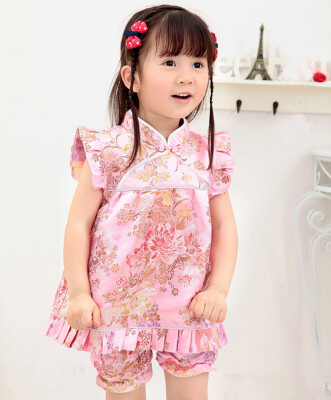 

Buenos Ninos Girls Short Sleeve Cheongsam Baby Qipao Patterned Cloth Set