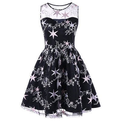 

Vintage Stars Print Mesh Insert Flare Dress
