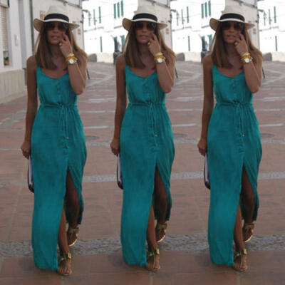 

AU Summer Womens Ladies Buttons Beach Party Midi Dress Holiday Floral Sundress