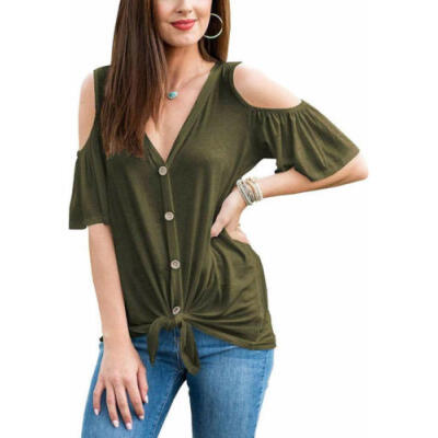 

Women Short Sleeve V-Neck Loose Blouse Casual Solid Shirt Summer Tops T-Shirt UK