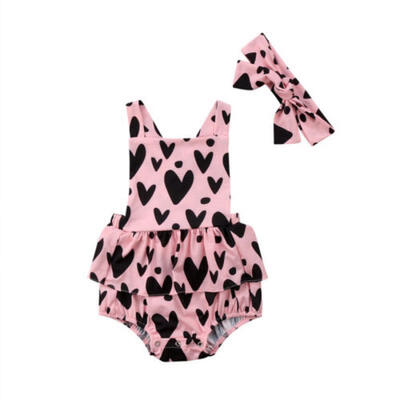 

Newborn Toddler Kids Girls Backless Romper Heart Print Ruffles Sleeveless Dress