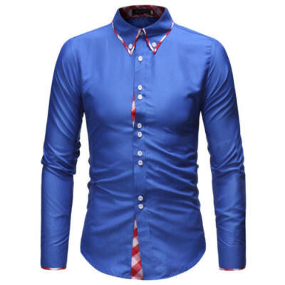 

Double Collar Men Long Sleeve Dress Shirt Casual Patchwork Slim Fit Business Top