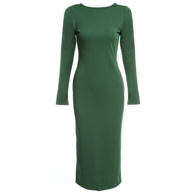 

Simple Round Collar Long SLeeve Zipper Design Skinny Women Midi Dress