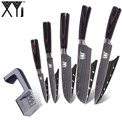 

XYj 5 PCS Damascus Veins Stainless Steel Kitchen Knives Gift Covers Kitchen Knife Sharpener