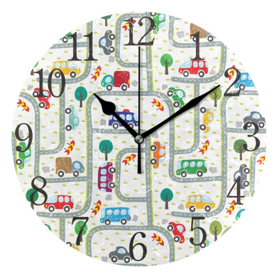 

Wall Clock Arabic Numerals Design Cars On The Road Round