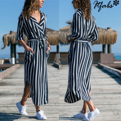 

UK Vintage Womens Floral Stripes Long Sleeve Ladies Casual Paty Long Shirt Dress