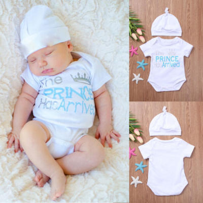 

The Prince Has Arrived" Newborn Baby Boys Romper Hat 2Pcs Outfits Shower Gift