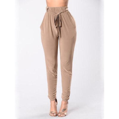 

Women Ladies New High Waist Stripe Drawstring Elastic Long Pants Pencil Trousers