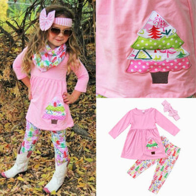 

AU Kids Girls Outfit Clothes Christmas Tree T-shirt Top DressPants Leggings Set