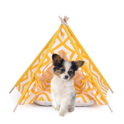

Cute Yellow Stripe Canvas Pet House Teepee Tent Cave Bed for Dogs Cats Guinea Pigs with Fixator Blackboard