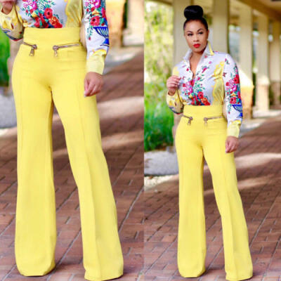 

US Womens Casual Slim High Waist Flare Wide Leg Palazzo Long Trousers Pants