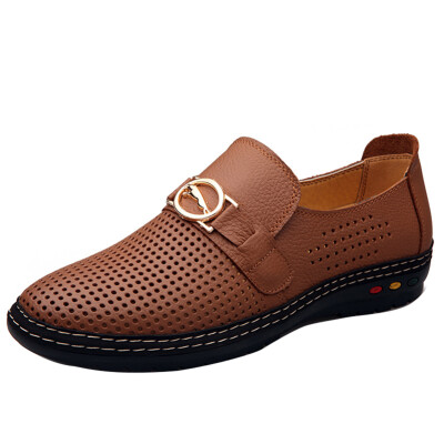 

Men Hollow Out Leather Shoes Summer Casual Loafers Breathable Mesh Sandals