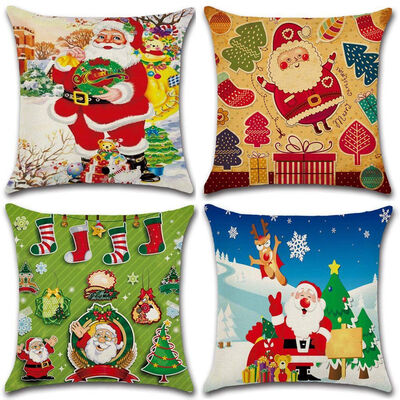 

UpperX 4Pcs Merry Christmas Pillow Cover Square Burlap Decorative Cushion Cover Pillowcases with Xmas Tree Santa Clausetc