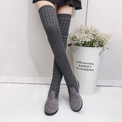 

Women Over The Knee Boots Plus Size Hand-made Knitted Woman Boots Round Toe Flat with Shoes Female Footwear