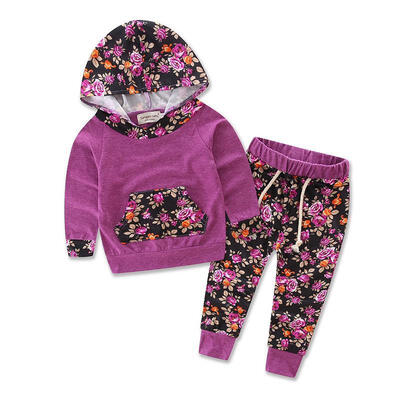 

2PCS Baby Girls Long Sleeve T-shirtFloral Pants Outfits Toddler Hooded Clothes