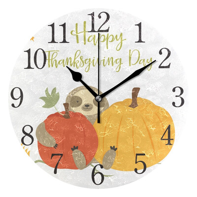

Wall Clock Arabic Numerals Design Thanksgiving Cute Sloth Pumpkins Round