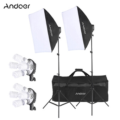 

Andoer Studio Photo Lighting Kit with 2 Softbox 2 4in1 Bulb Socket 8 45W Bulb 2 Light Stand 1 Carrying Bag
