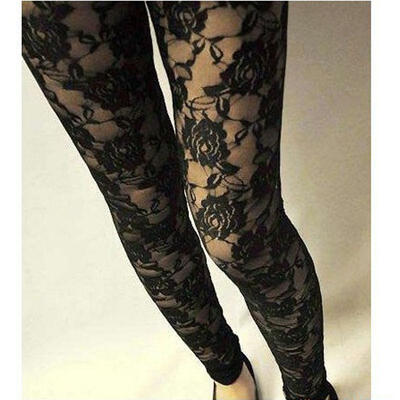 

Women Slim Legging Pencil Pants High Waist Eyelets Bandage Lace Trouser Black