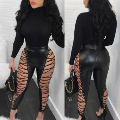 

Women Lace UP Hollow Out PU Sexy Pants High Waist Skinny Bandage Club Trousers