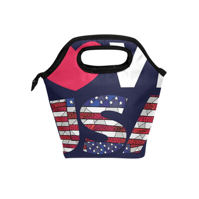 

Insulated Lunch Tote Bag Love USA Travel Picnic Lunch Handbags Portable Zipper Lunch Bag Box