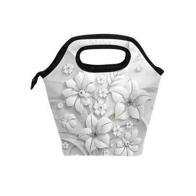 

Lunch Bag Tote Bag 3D White Flower Travel Picnic Organizer Lunch Holder Handbags Lunch Bag Box
