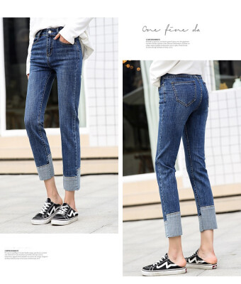 

2018 autumn&winter new elastic womens jeans stretch slim with fleece thickened hem small straight tube jeans women N0005